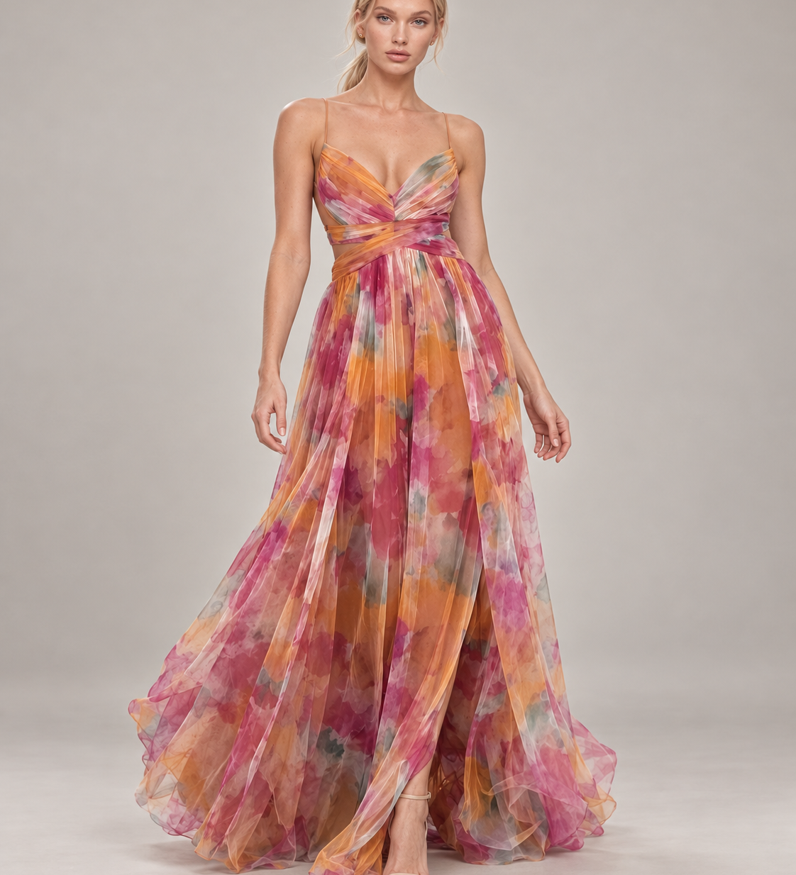 GISELLE vestido longo floral com modelo — 01-laranja-principal