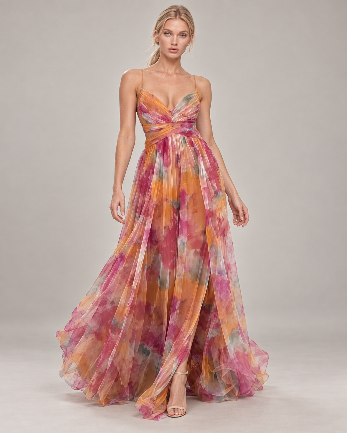 GISELLE vestido longo floral com modelo — 01-laranja-principal