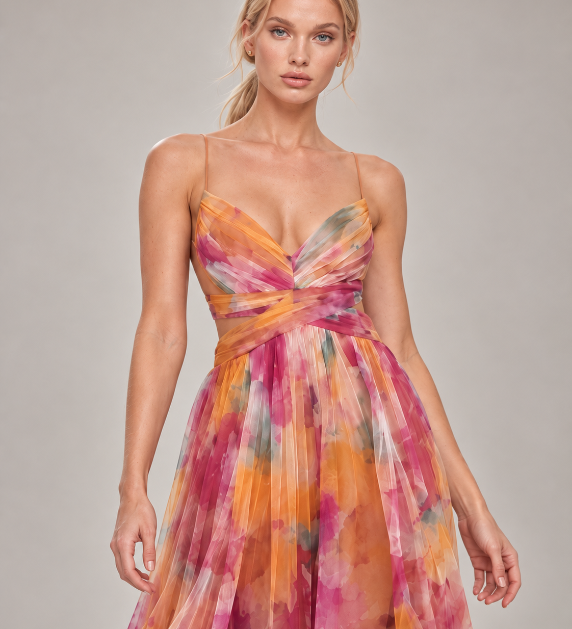GISELLE vestido longo floral com modelo — 02-laranja-aproximada