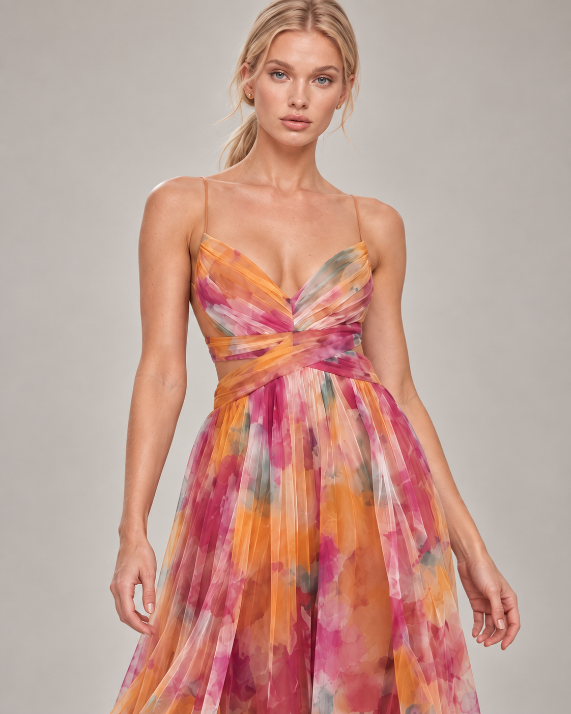 GISELLE vestido longo floral com modelo — 02-laranja-aproximada