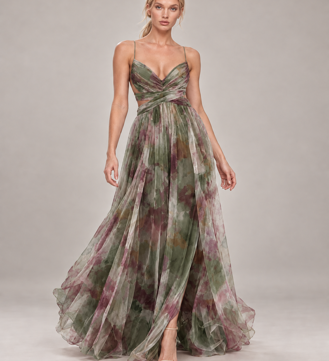 GISELLE vestido longo floral com modelo — 04-verde-principal