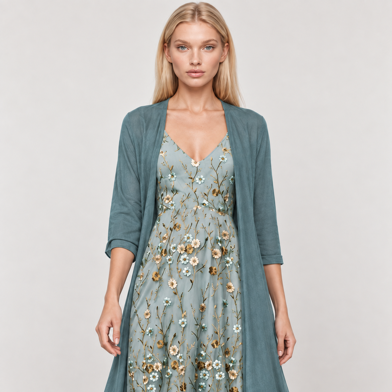 MAR — vestido floral e casaco azul, pormenor com modelo