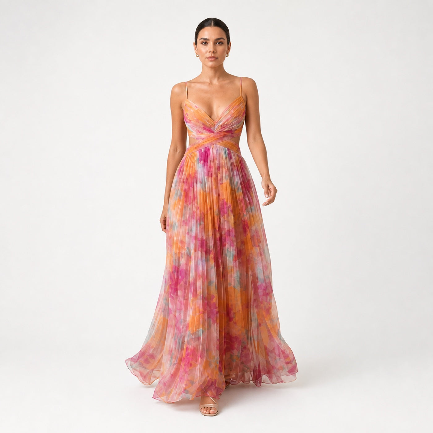 MARGARITA vestido maxi floral laranja — vista frontal