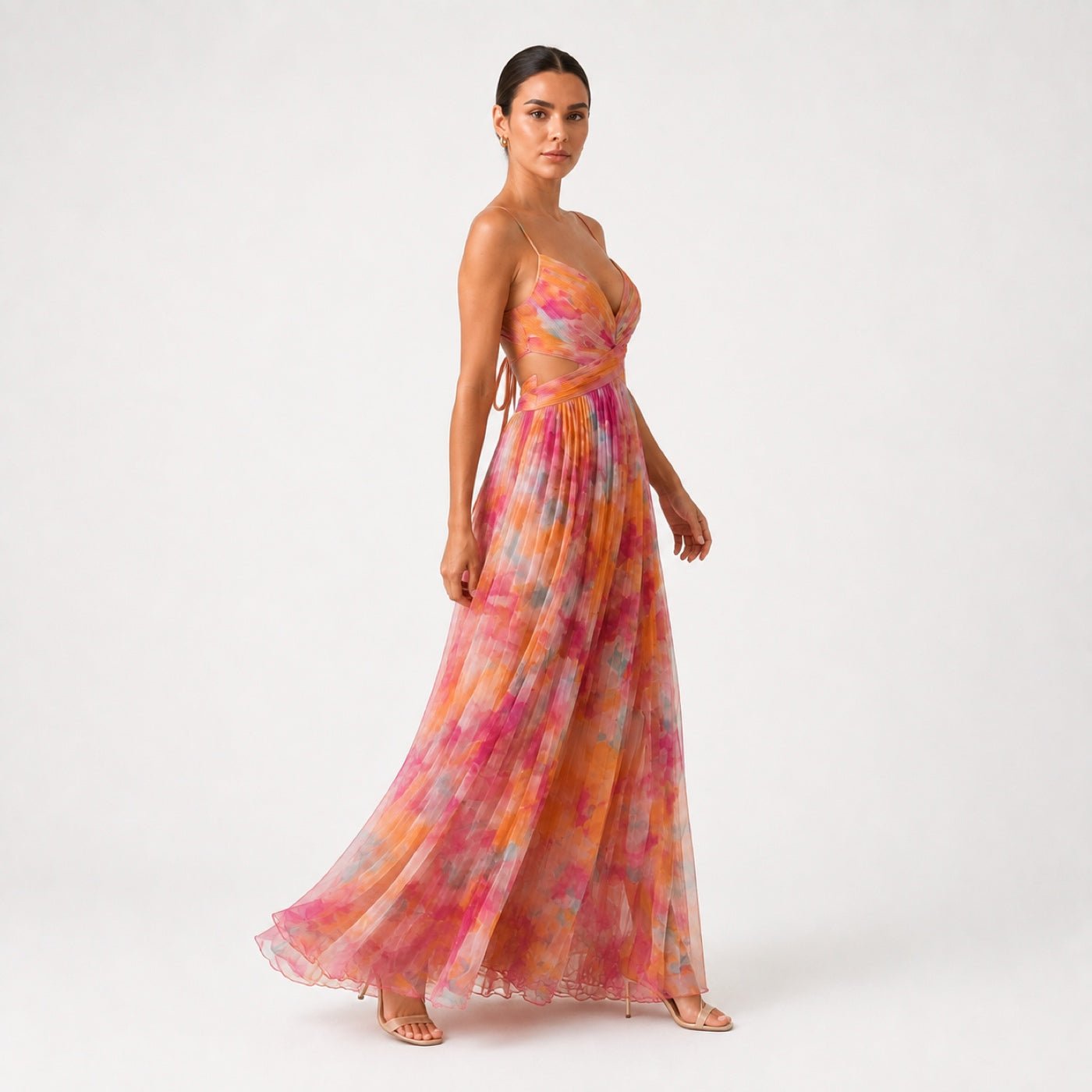 MARGARITA vestido maxi floral laranja — vista lateral