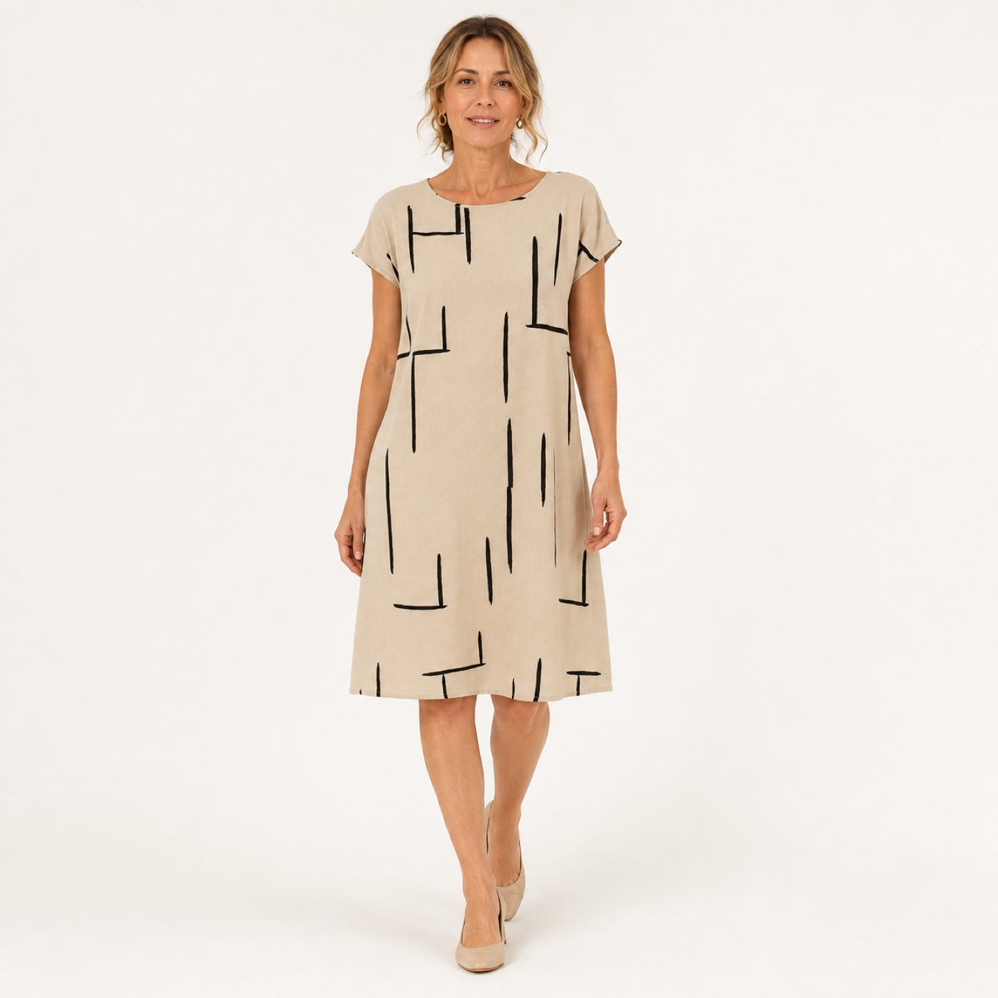 MILOU vestido bege com linhas abstratas — vista frontal