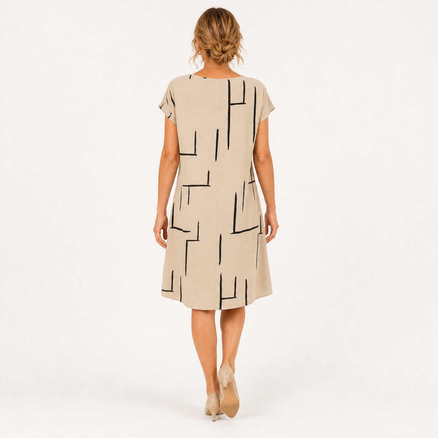 MILOU vestido bege com linhas abstratas — vista traseira