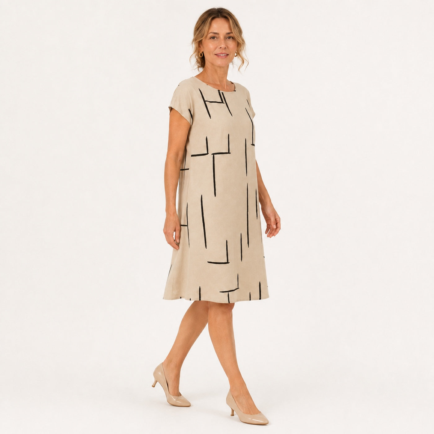 MILOU vestido bege com linhas abstratas — vista lateral