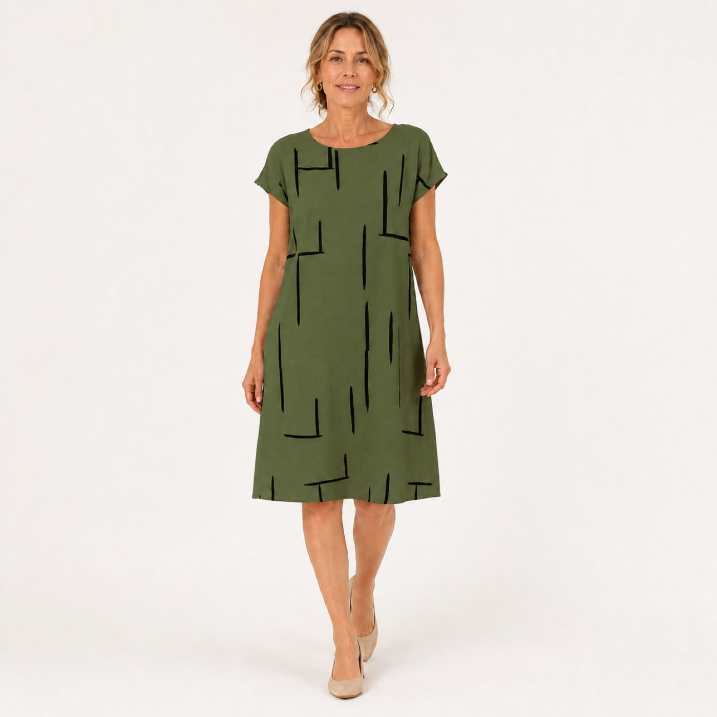 MILOU vestido verde com linhas abstratas — vista frontal