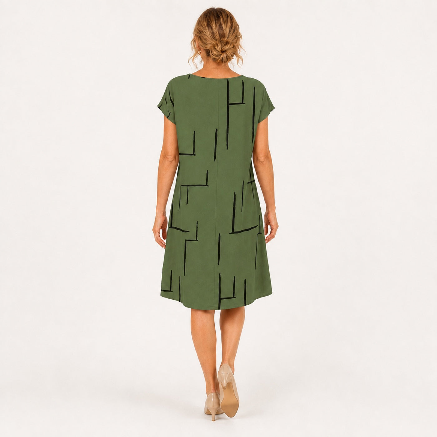 MILOU vestido verde com linhas abstratas — vista traseira