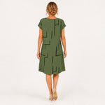 MILOU vestido verde com linhas abstratas — vista traseira