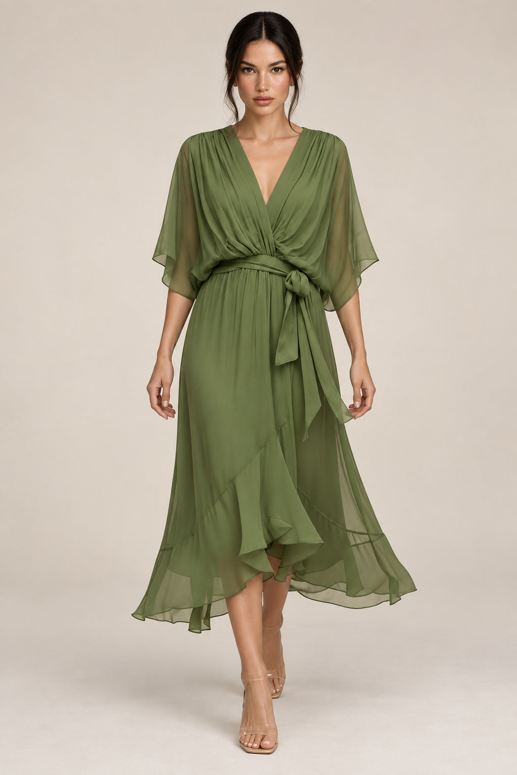MONICA vestido de chiffon com modelo — 01-verde-principal