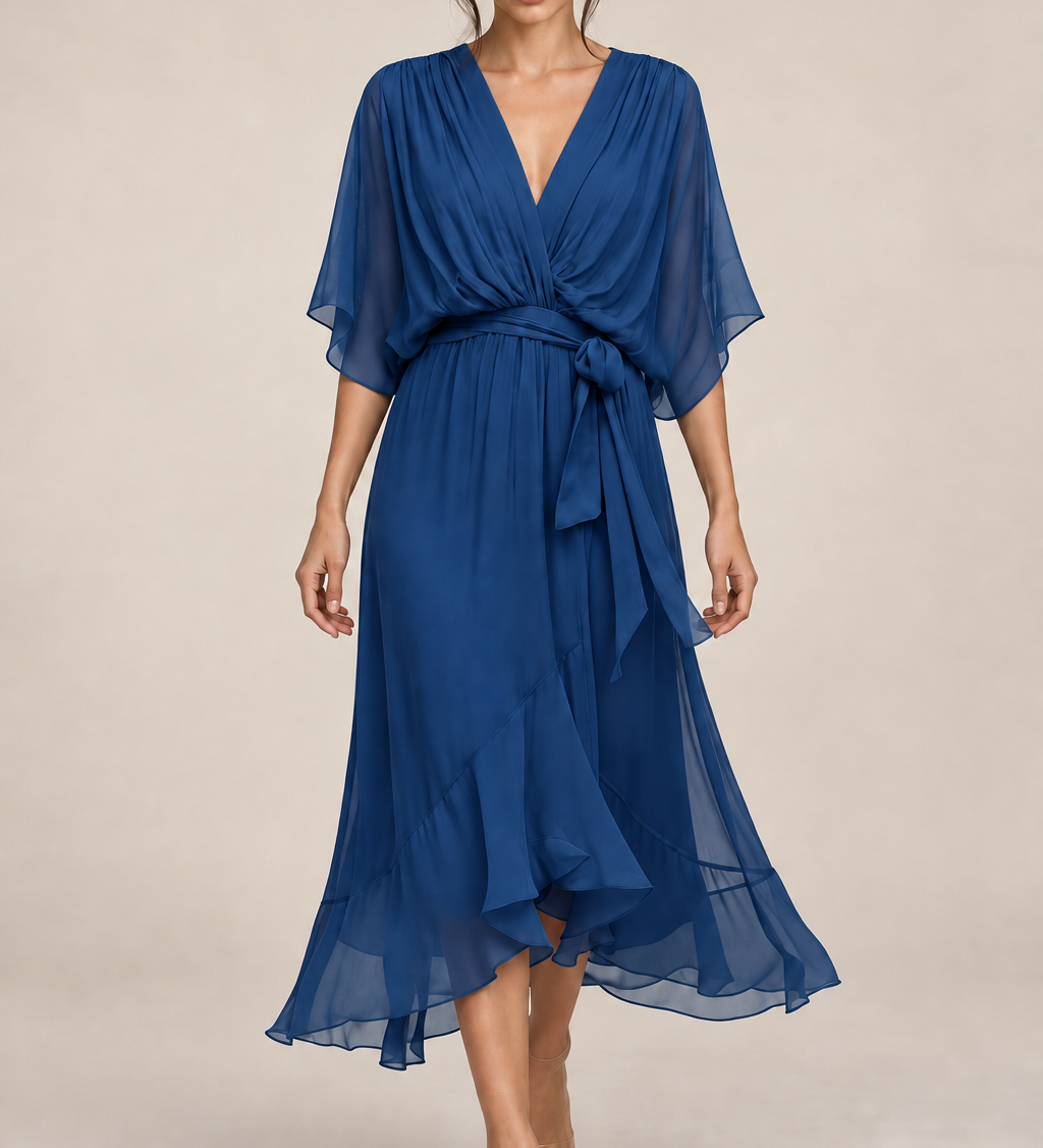 MONICA vestido de chiffon com modelo — 04-azul