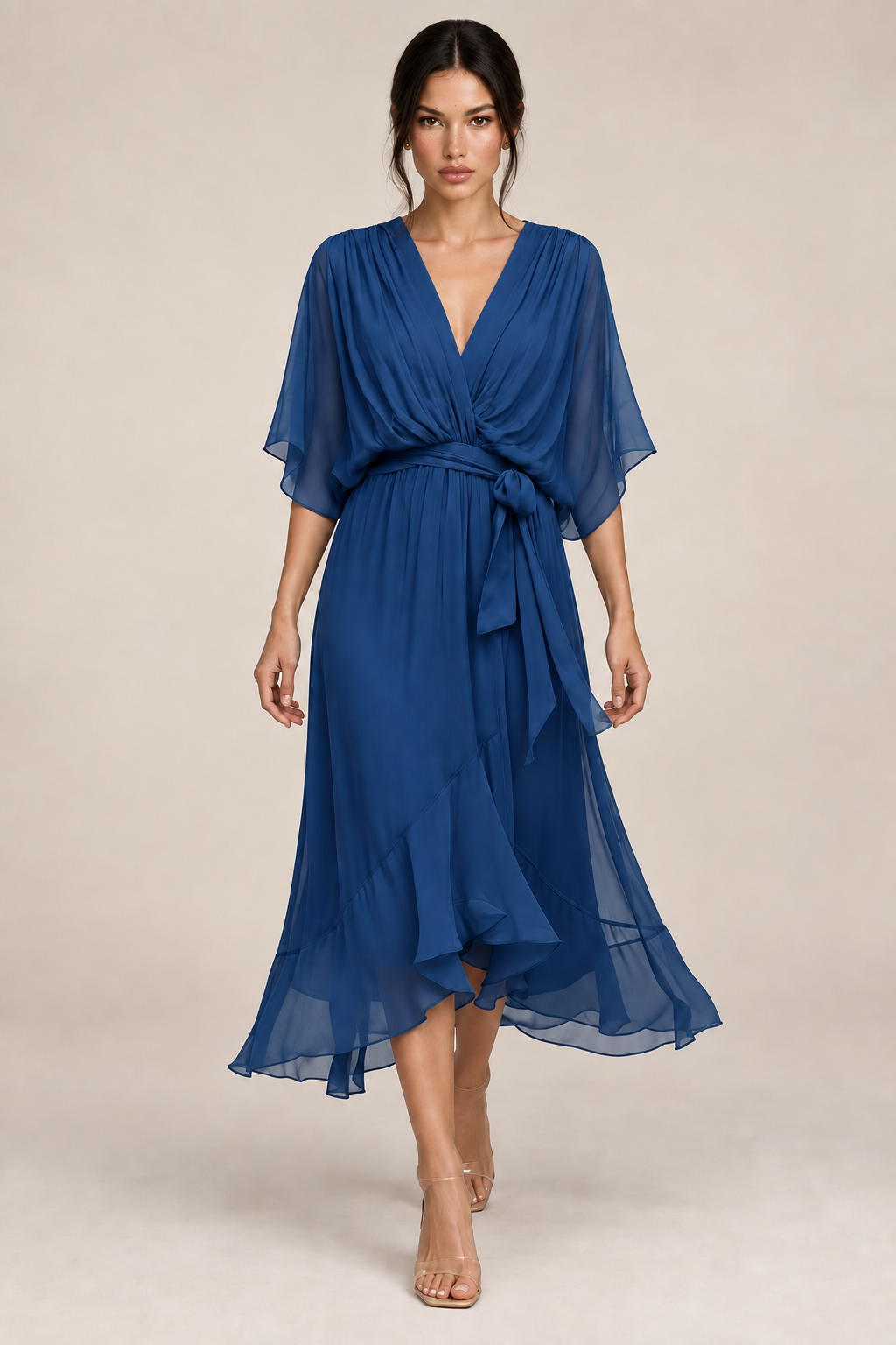MONICA vestido de chiffon com modelo — 04-azul