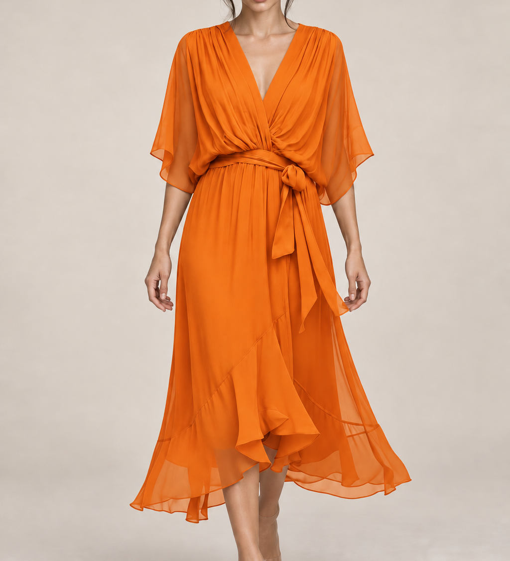 MONICA vestido de chiffon com modelo — 09-laranja