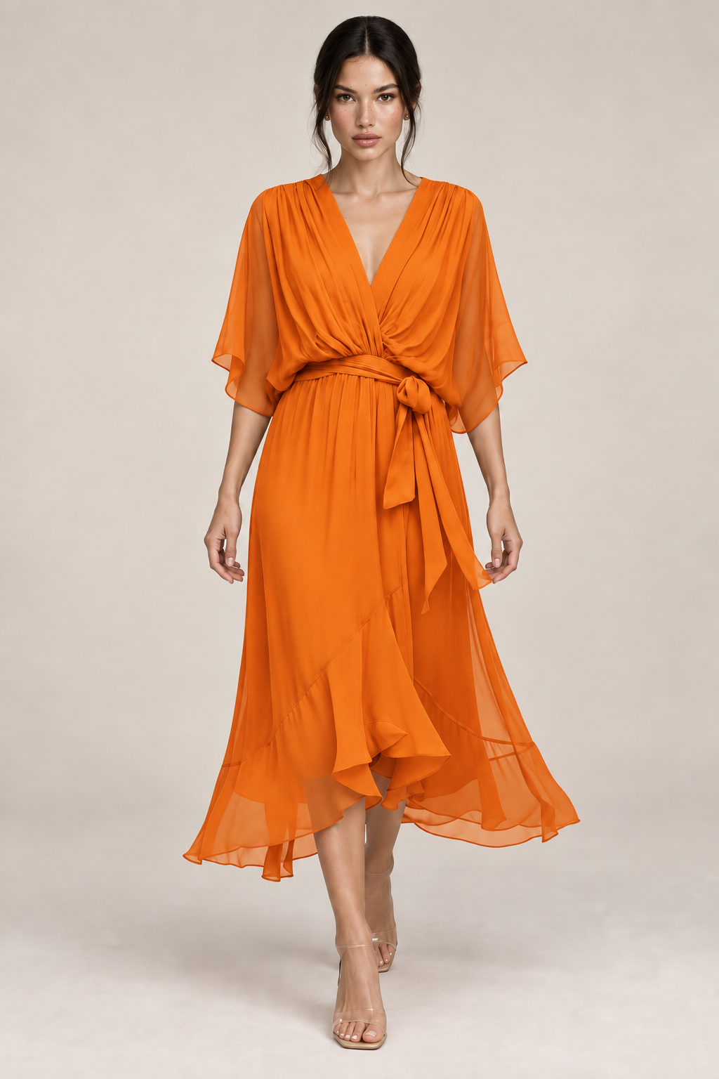 MONICA vestido de chiffon com modelo — 09-laranja