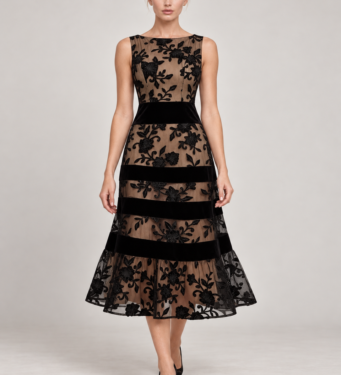 ODETE vestido midi bordado — negro principal com modelo