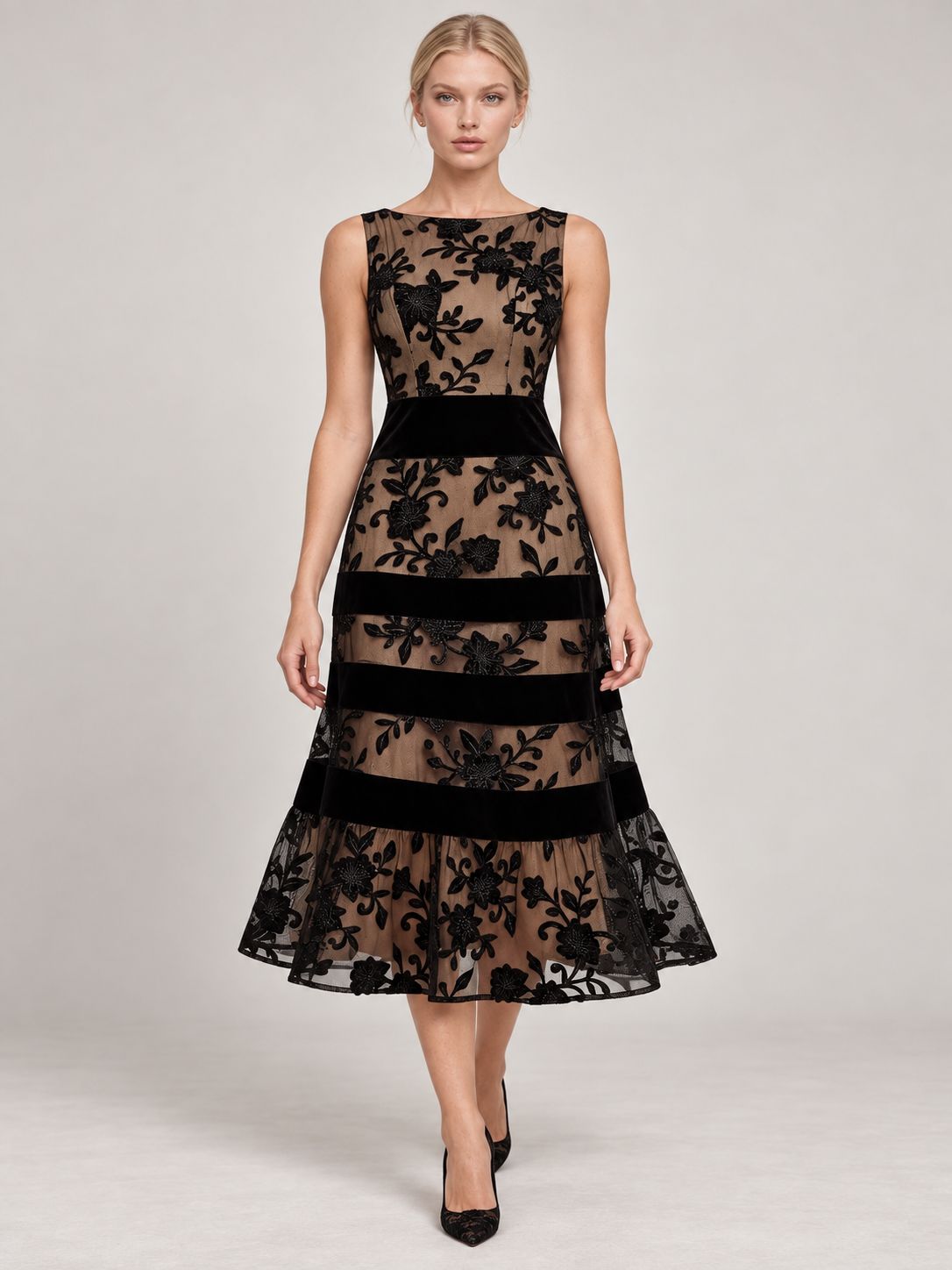 ODETE vestido midi bordado — negro principal com modelo