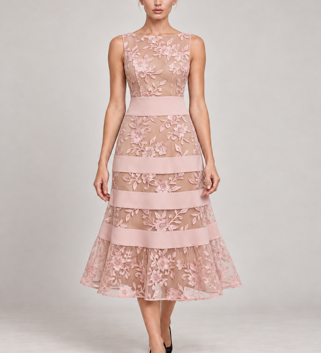 ODETE vestido midi bordado — rosa principal com modelo