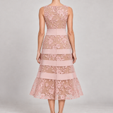 ODETE vestido midi bordado — rosa, vista traseira com modelo