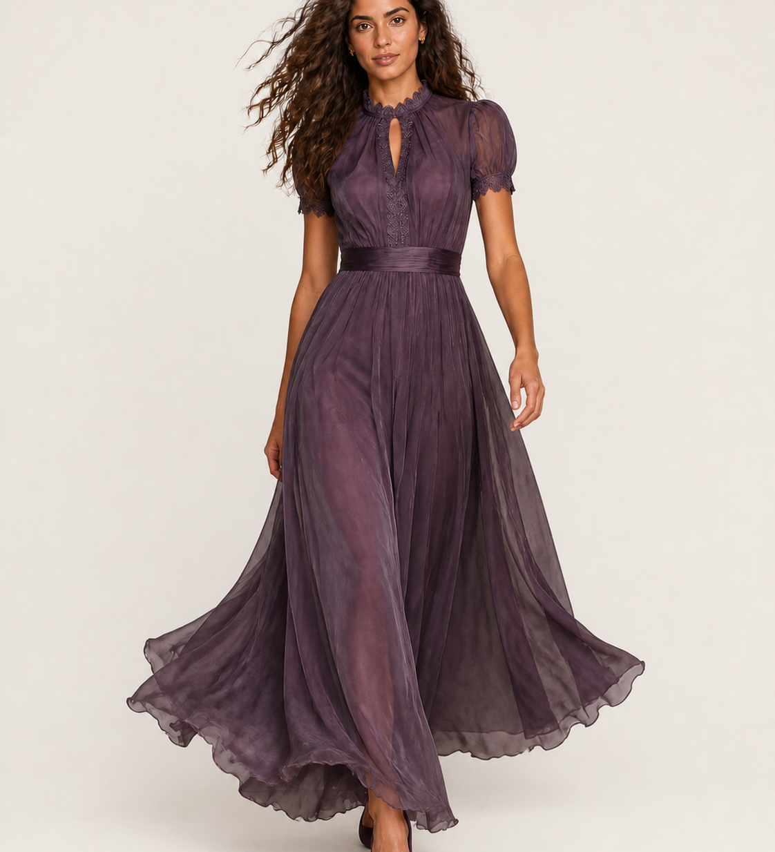 Vestido longo roxo com renda — imagem principal de corpo inteiro