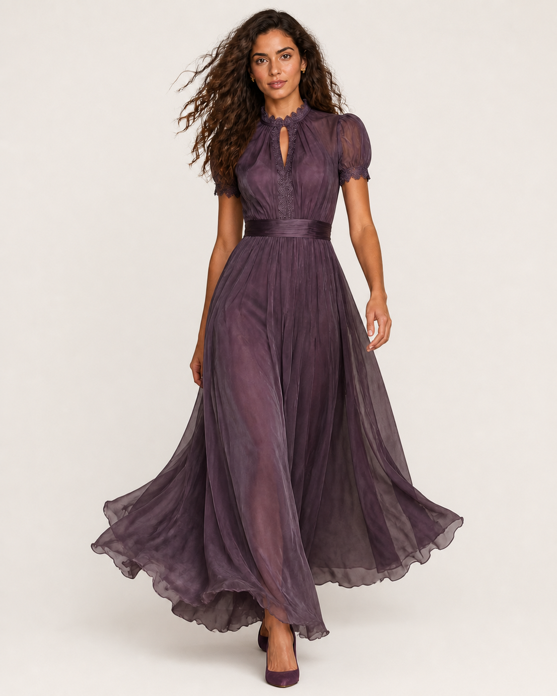 Vestido longo roxo com renda — imagem principal de corpo inteiro