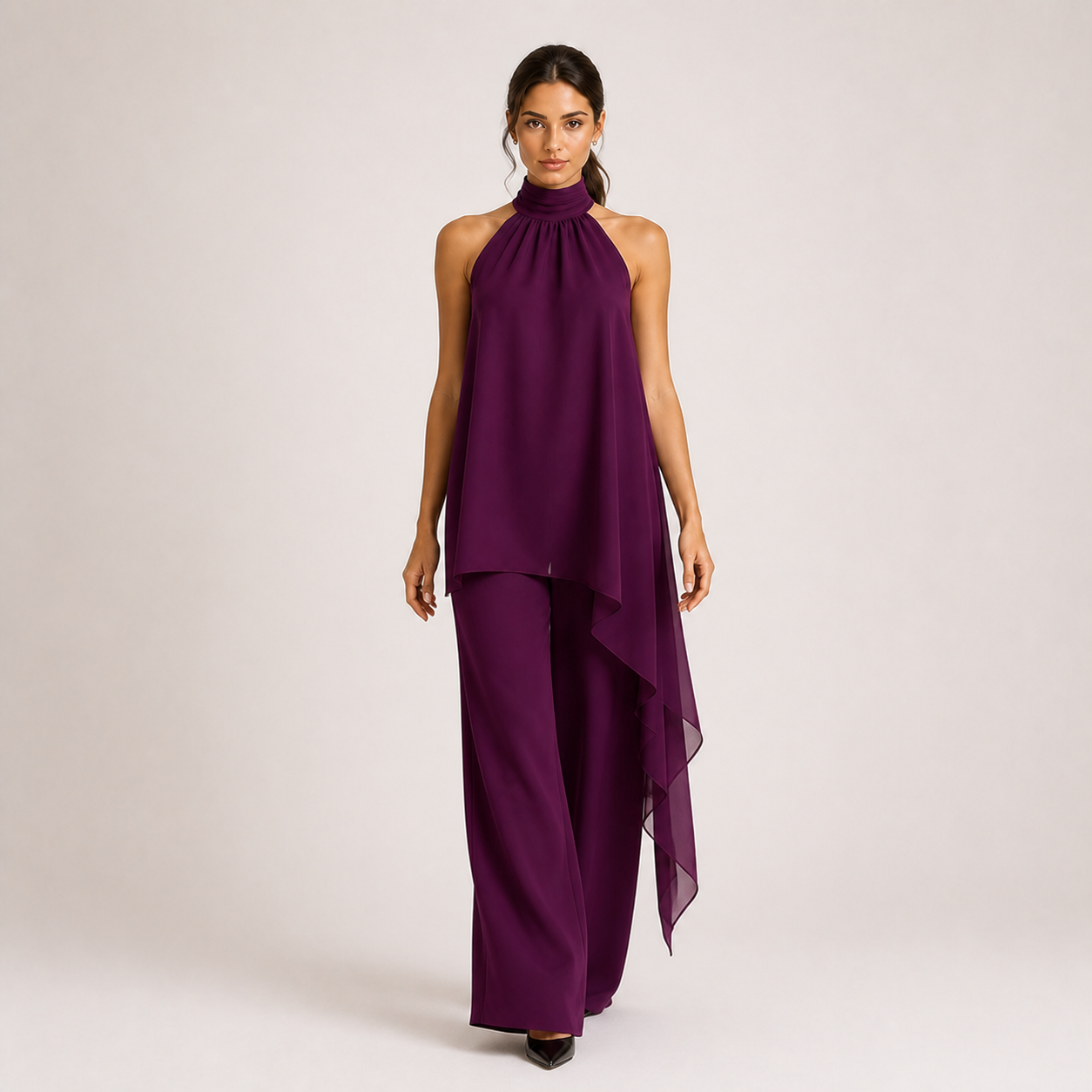 Conjunto VIOLA roxo com top halter e calças largas em movimento