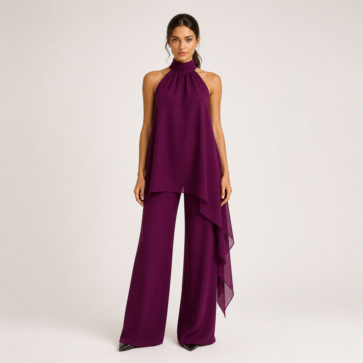 Conjunto VIOLA roxo com top halter e calças largas, vista frontal